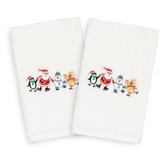 Linum Home Textiles Christmas Skating Party Embroidered Turkish Cotton Hand Towel - Set of 2