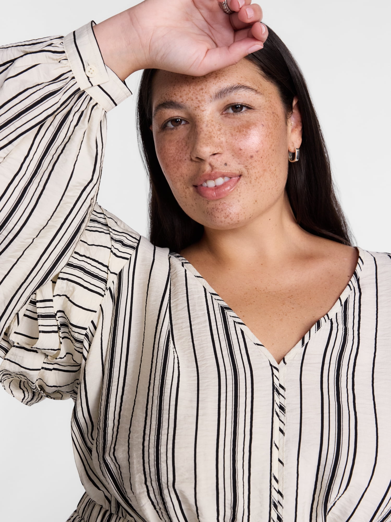 Terra & Sky Ruffled Shoulder Tie Waist Top with Long Puff Sleeves, Sizes 0X-5X