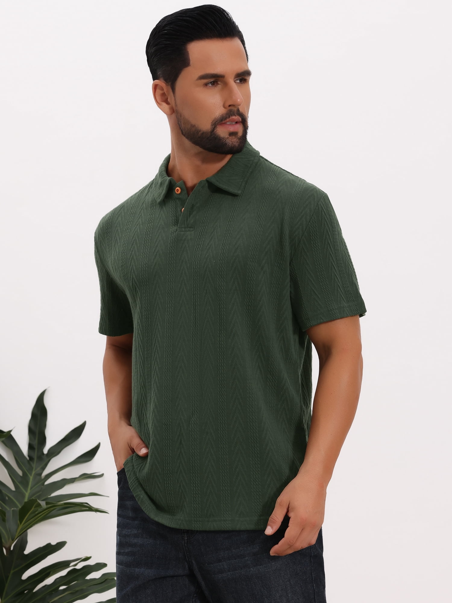DARING DIVA Men's Jacquard Short Sleeve Button Down Collared Polo Shirts M Green