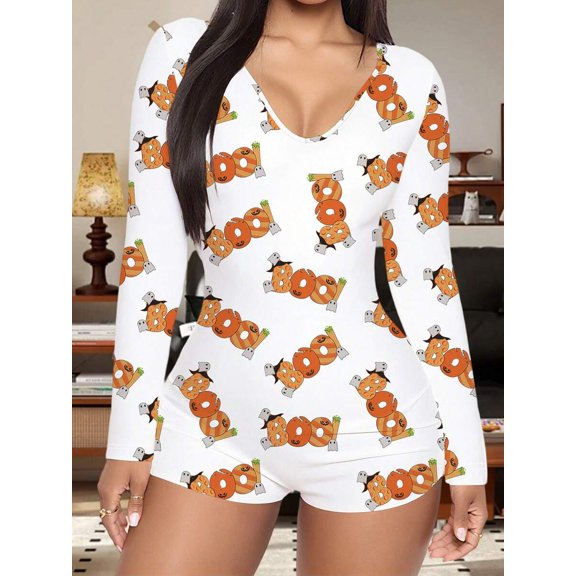 White Halloween Pumpkin Print V-Neck Long Sleeve Romper Sleepwear Shorts