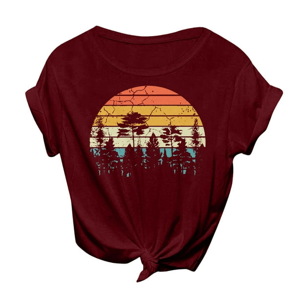 Gibobby Playera de Manga Corta con Cuello Redondo Camiseta informal Vintage con estampado sol para mujer, camiseta manga corta Color sólido con estampado acampada(Vino,CH)