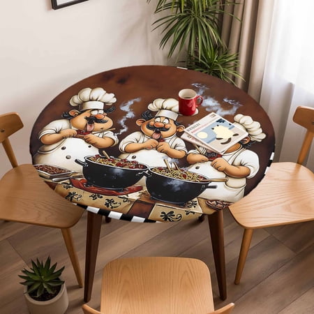 Fun Chef Food Kitchen Cooking Round Fitted Tablecloth with Elastic Edge Waterproof Table Cloth Fits Tables Up to 45 -54 Wipeable Washable Table Cover for Indoor Outdoor Dinning Black White Checked