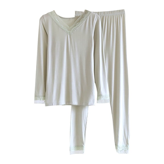 Xfvqtps Womens Pajama Set Solid Color Lace Edge Pullover V Neck Long Sleeve Long Pants Straight Legs Cozy Comfortable Soft House Warm Fall Top and Long Pants Set Green
