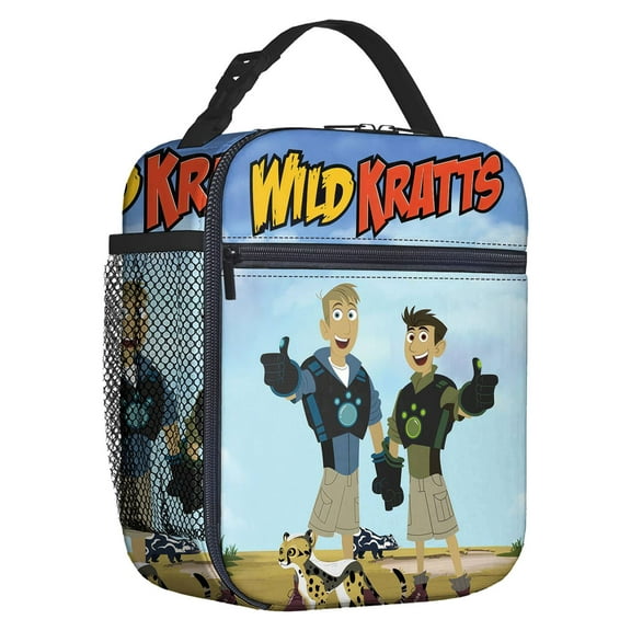 For Wild Cartoon Themed Kratts Insulated Lunch Bag – Reusable Water Resistant Cooler Tote, with Mesh Side Pocket and Zipper, Lunch Box Size 8.66x4.33x10.24 Inch Suitable for Camping, Trips, Picnics