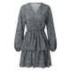 thumbnail image 2 of Gibobby Vestido de manga larga para mujer Mini vestido informal con volantes y manga larga estampado con cuello en V para mujer(Negro,CH), 2 of 5