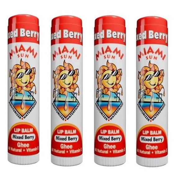 Miami Sun Natural Lip Balm – Mixed Berry – Moisturizing & Hydrating Lip Care with Ghee, Jojoba & Avocado Oils (4 pcs)