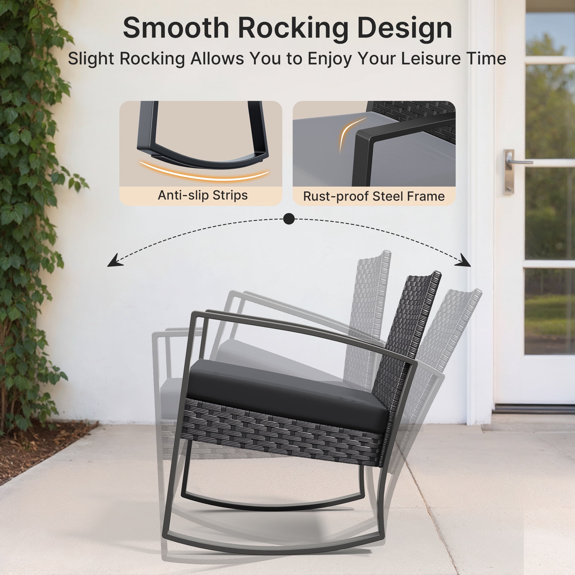 Patio Furniture Set, Asofer Rocking Wicker Chair with Soft Cushion and Coffee Table, for Garden, Balcony, Backyard, Black