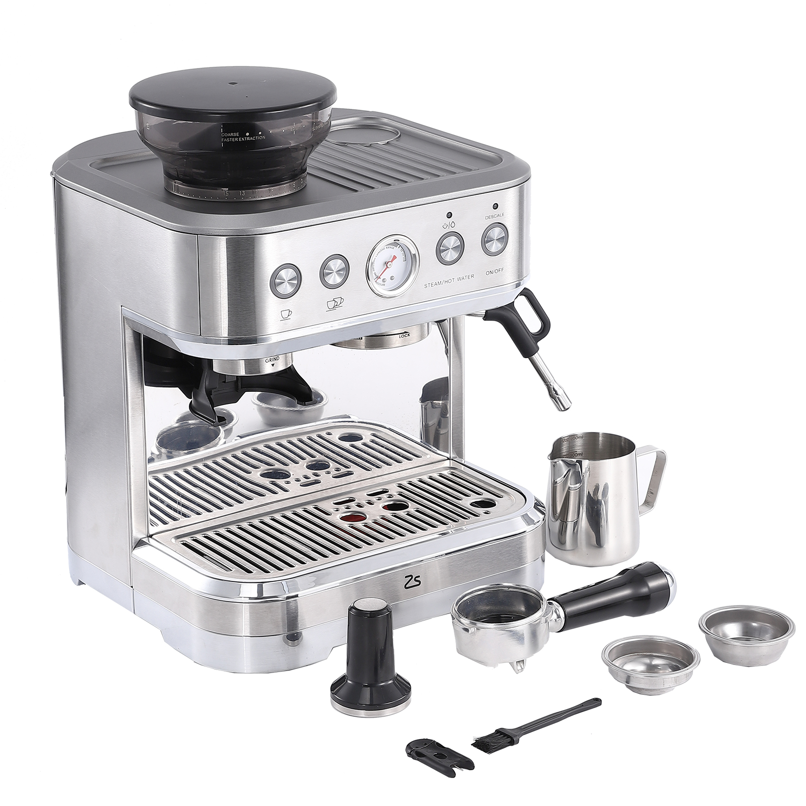Ashion Espresso Machine 15 Bar Automatic Coffee Machine with Milk Frother and Grinder All In One Stainless Steel Coffee Maker with Pump, 2.5L Water Tank