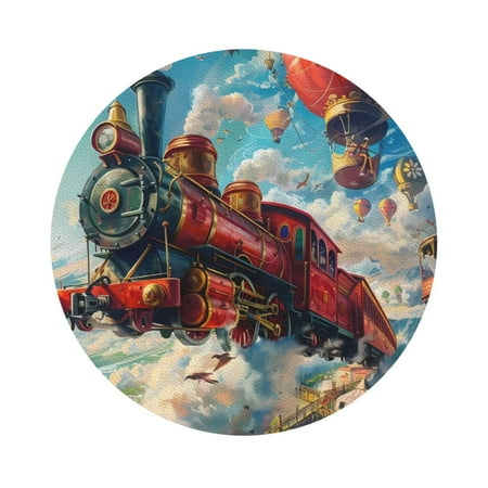 

Coaee Beautiful Red Train Hot Air Balloon Print Leather Coasters Set of 6 Non-Slip Washable Cup Coasters for Home Office Bar Round Shape