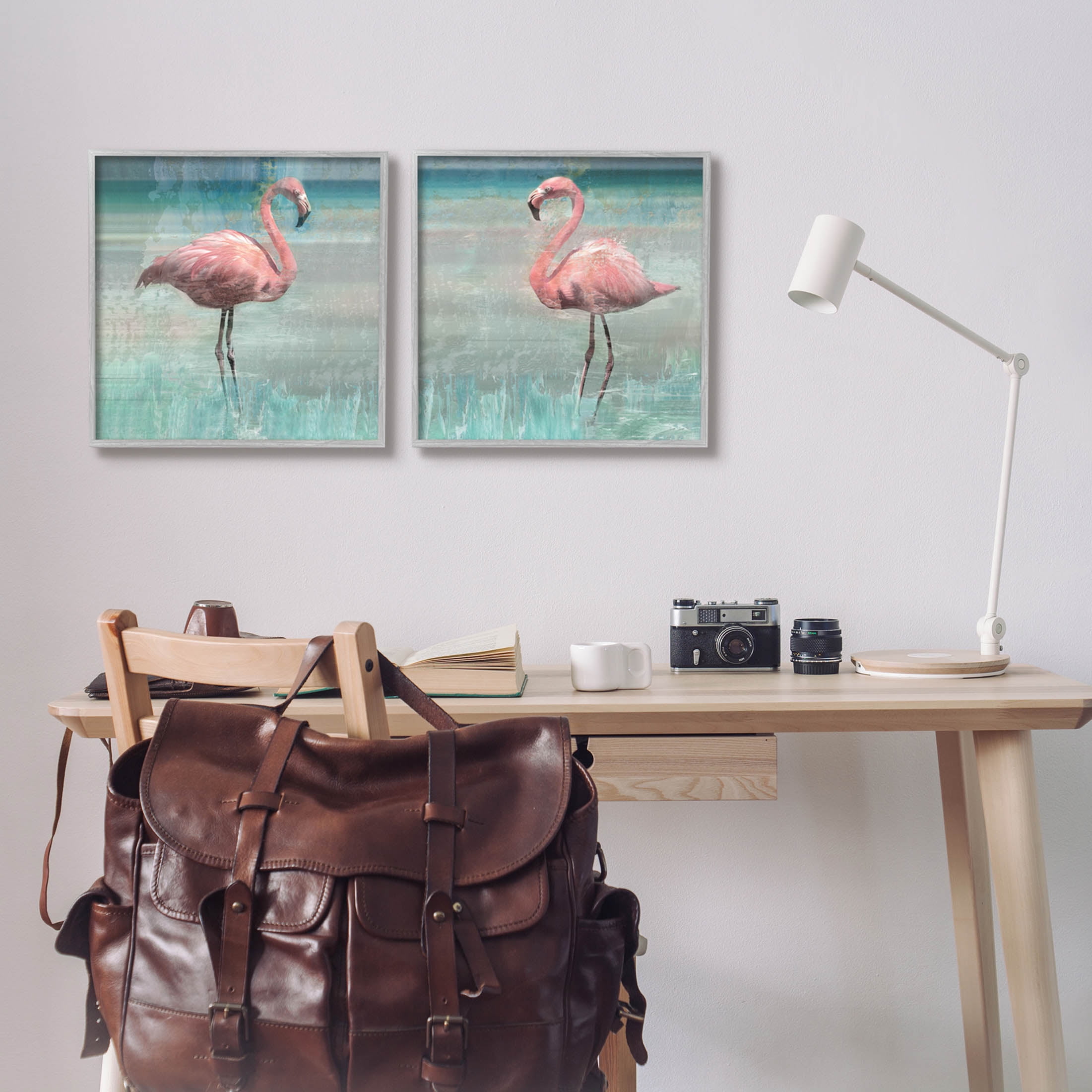 Stupell Industries Tropical Flamingoes Grazing Graphic Art Gray Framed Art Print Wall Art, Set of 2, Design by Nan