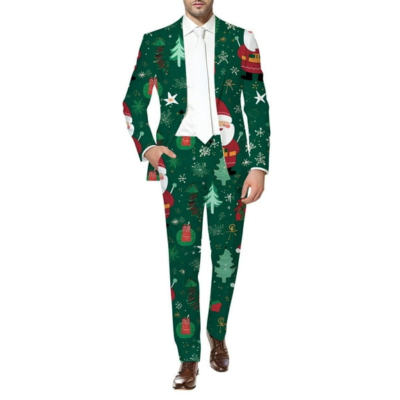 Mens Outfits 2 Piece Christmas Print Men's Suit Set Stylish Holiday Outfit For Parties And Celebrations Western Suit Tuxedo Set Slim Fit for Men Suits Men Wool Dresses Suits Big And Tall Slim Green L