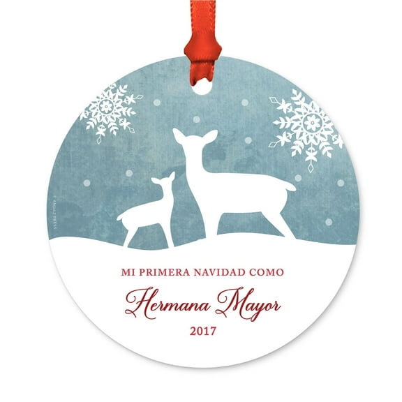 Spanish Family Metal Christmas Ornament, Mi Primera Navidad Como Hermana Mayor 2017, Includes Ribbon and Gift Bag