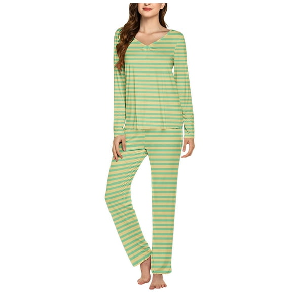 Njoeus Pajamas for Women Set Long Sleeve Pajamas for Women Women's Pajama Sets Casual Striped/Gradient/Solid Casual Long Sleeve Top and Long Pants 2 Piece Pjs Set Matching Pjs for Couples Savings Yell
