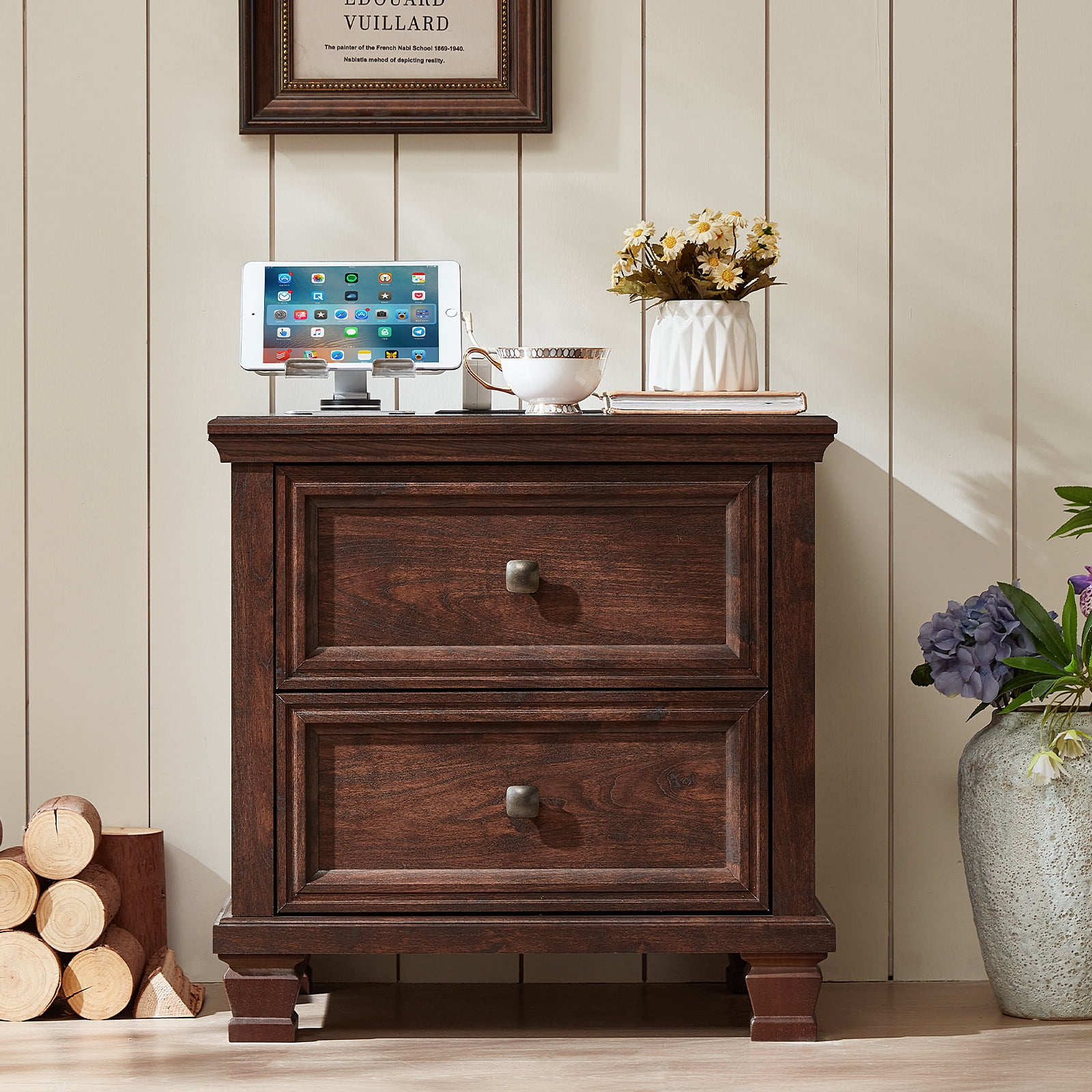 Buildhom Farmhouse Nightstand with Charging Station, 2-Drawer Rustic End Table with Solid Wood Legs for Bedroom, Walnut