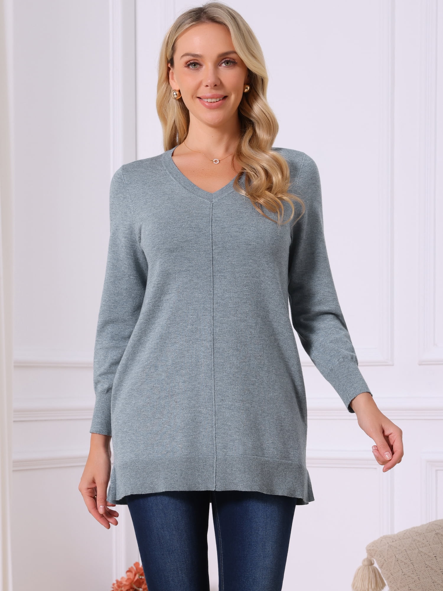 DARING DIVA V Neck Long Sleeve Chunky Knit Pullover Sweater L Grey