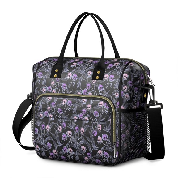 Skull Flower Halloween Pattern Womens Lunch Box for Work,Insulated Large Lunch Bag for Tween and Teen,Loncheras Para Mujer,Leakproof Adult Lunch Bag for Work,Beach,Travel,Picnic,Camping