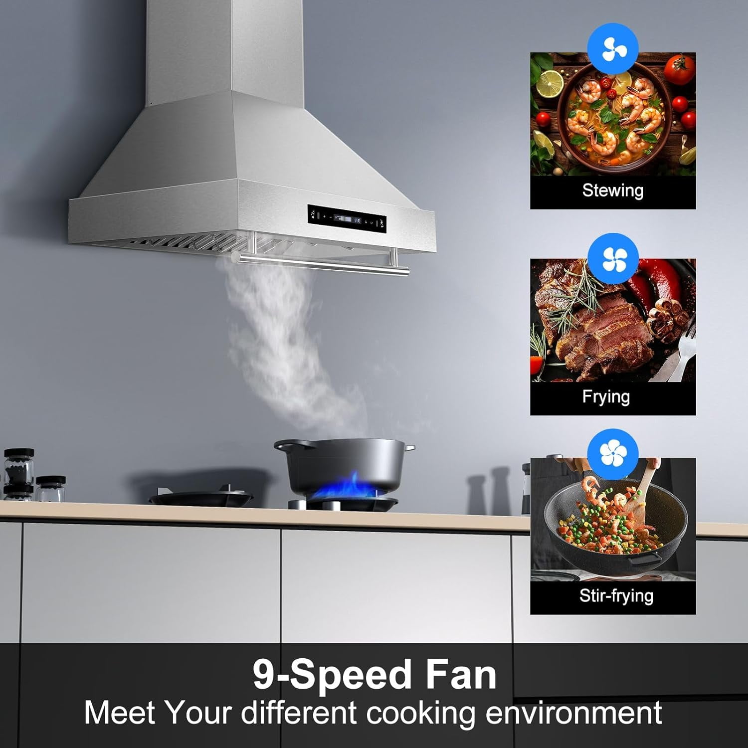 JOEAONZ Wall Mounted Range Hood 30" Kitchen Vent 900 CFM Duct Convertible Touch Control 9 Speed 120V