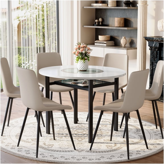 JERFIT 6-Piece Dining Table Set with Tempered Glass Top and PU Leather Chairs, Modern Round Kitchen Table for 6, White and Gray Dining Room Furniture