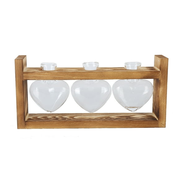 Vase transparent innovant avec cadre en bois vintage - Décoration d'intérieur (3 bouteilles en forme de cœur)