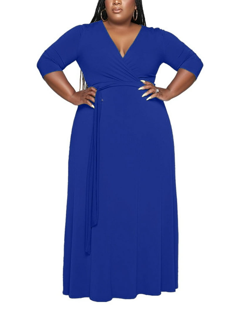 Capreze Women Plus Size Maxi Dresses 3/4 Sleeve Long Dress Baggy V Neck Navy Blue - Walmart.com