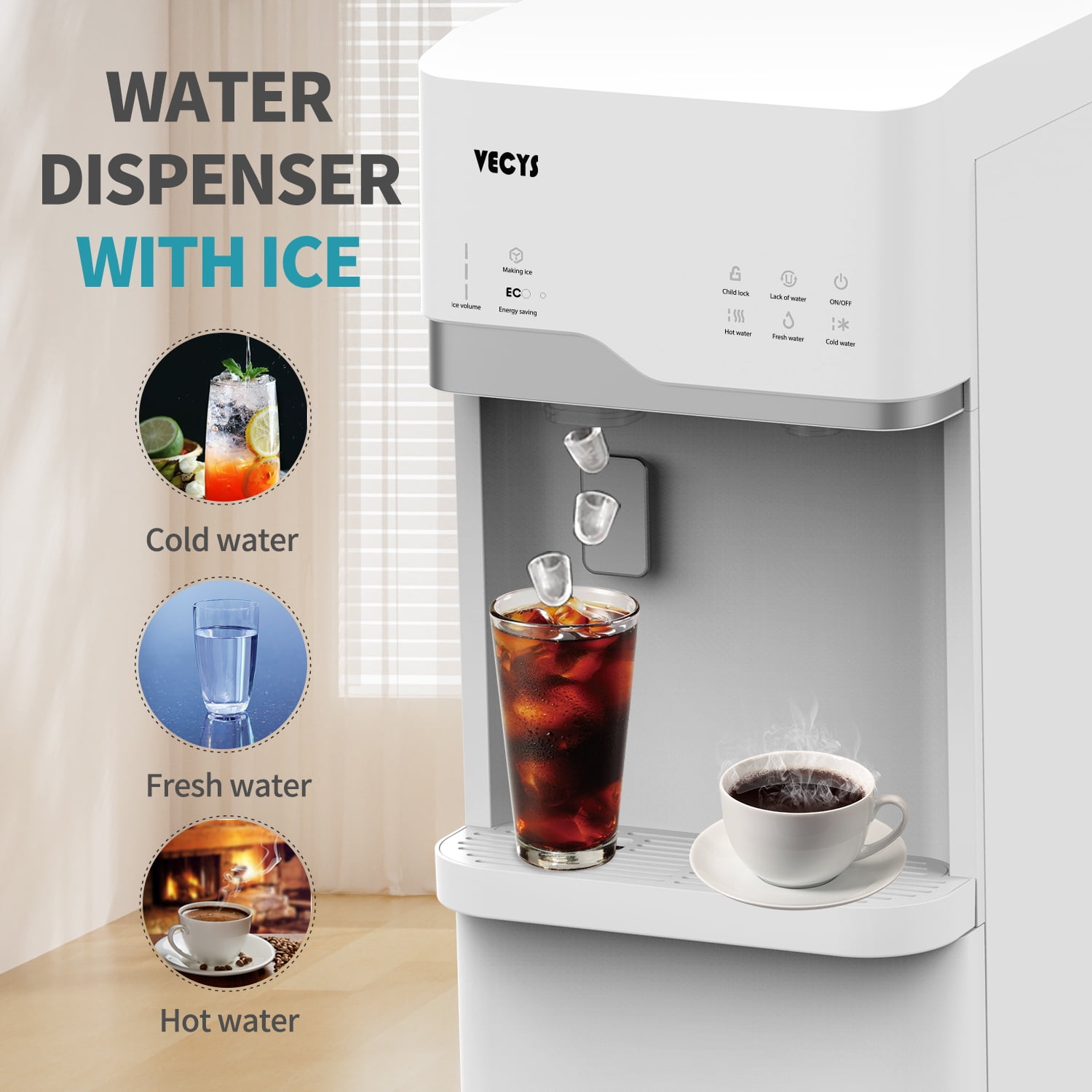 VECYS Bottom Loading Ice Maker Self-Clean Hot Cold Water Dispenser for 5 Gallon Bottle, 22LBS Daily Ice Making, Child Safety Lock, White