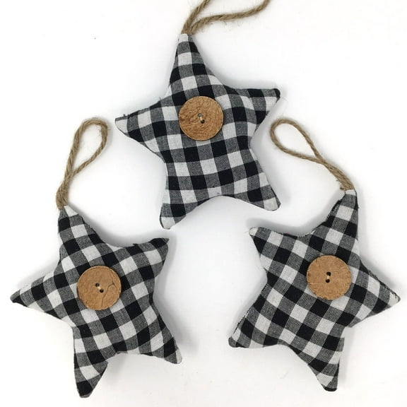 Black & White Mini Buffalo Plaid Homespun Fabric Star Christmas Ornaments - Set of 3 by JCS