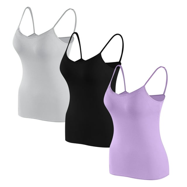 Timegard Camisoles pour Femmes 3 Pcs avec Soutien-Gorge Intégré Col Rond Bretelles Spaghetti Ajustées Douces Maillots de Corps Décontractés Hauts de Pyjama