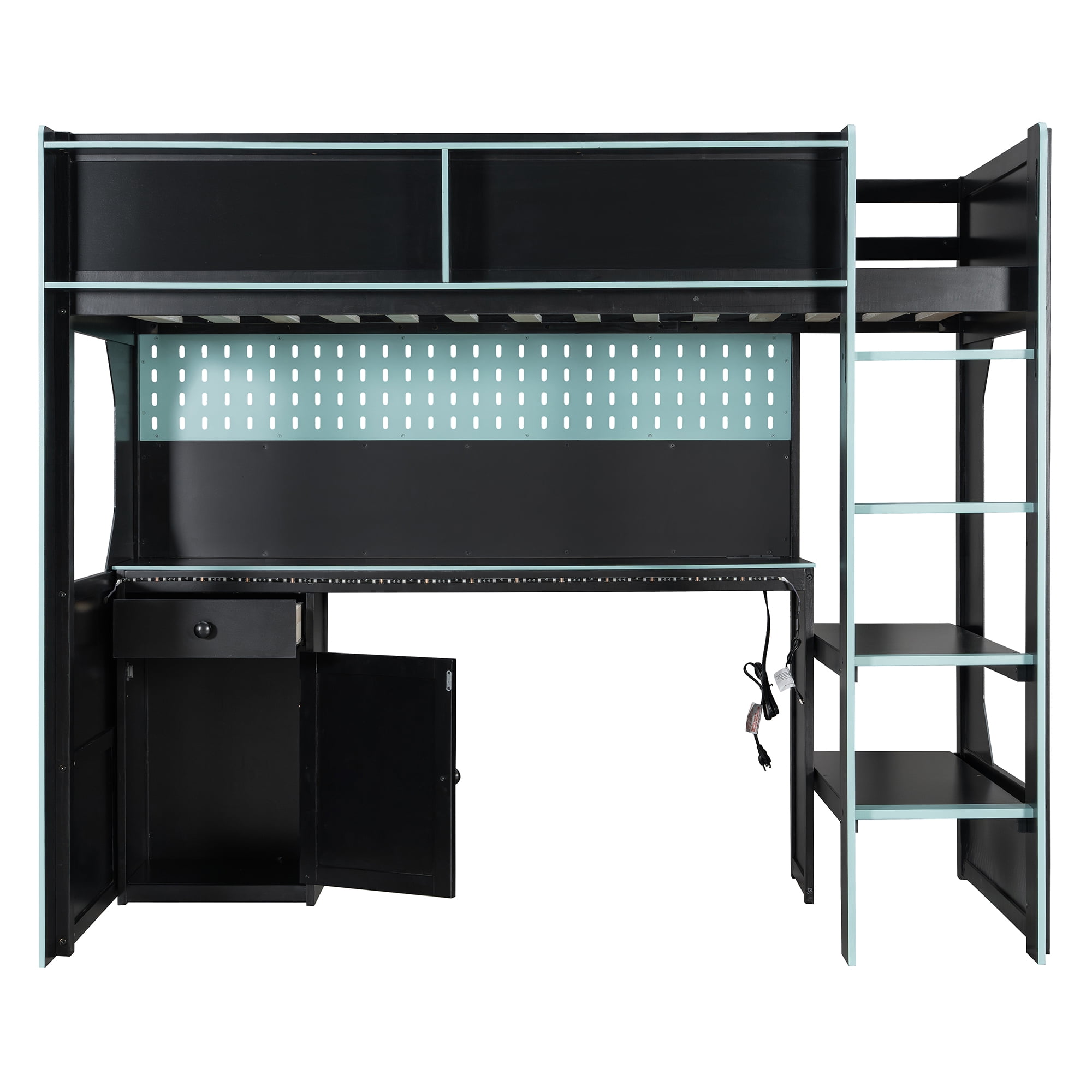 Mintazer Twin Size Gaming Loft Bed with Desk & LED Lights, Modern Bed Frame with Storage Shelves & Pegboard and Charging Station for Dorm Bedroom Apartment, Black & Blue