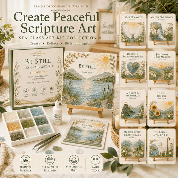 Psalms of Comfort & Strength Sea Glass Art Kit, Beginner Christian Mosaic Kit with Sea Glass, Adhesive, Tweezers and Easel, Relaxing Adult Craft and Bible Verse Decor