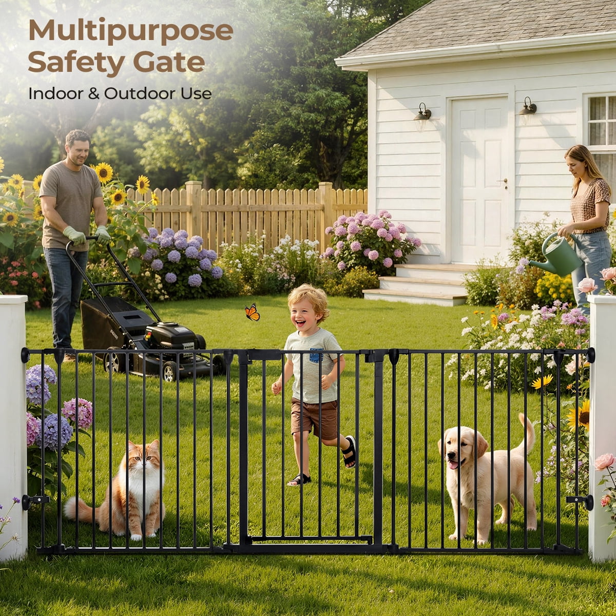 Pet Safety Gate, 3Panels 80" Extra Wide Iron Gates for Doorway Kitchen Playard, Black