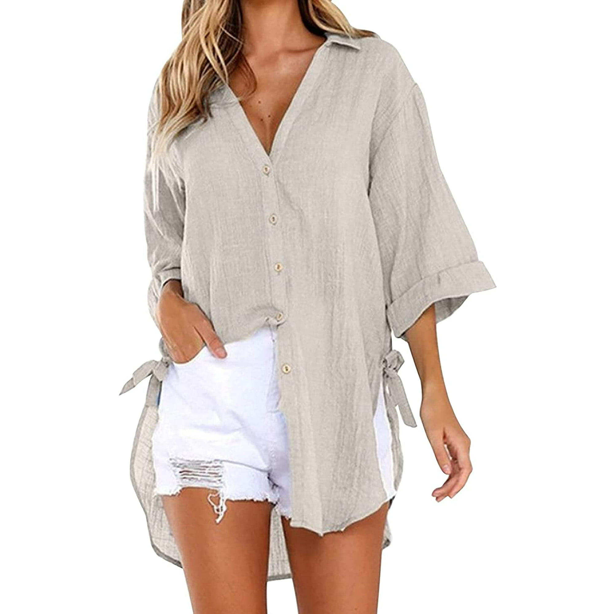 Women Cotton Linen Shirts Casual Loose Fit Button Down Mid Long Shirts Plus Size High Low Blouse Oversized Plain Tops Walmart