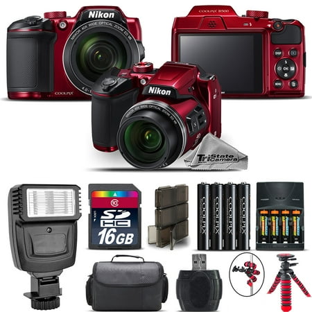 Nikon COOLPIX B500 RED Camera 40x Optical Zoom + Flash + Case - 16GB Kit (All The Best Nikki Cast)