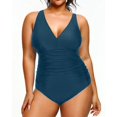 thumbnail image 4 of GHSDFBB Women Plus Size One Piece Swimsuits V Neck Tummy Control Bathing Suits Retro Ruched Swimwear, 4 of 6