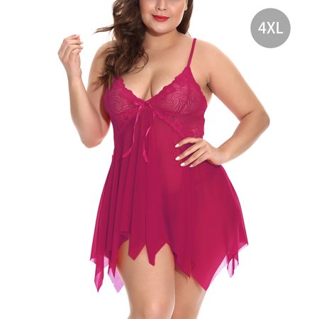 

Women Sexy Nightwear T-thongs Mesh Floral Lace Dress Sleepwear Wine Red 4XL