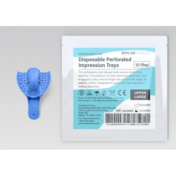BAYLAB Dental Disposable Perforated Impression Tray Upper Large, 12 Count, Blue