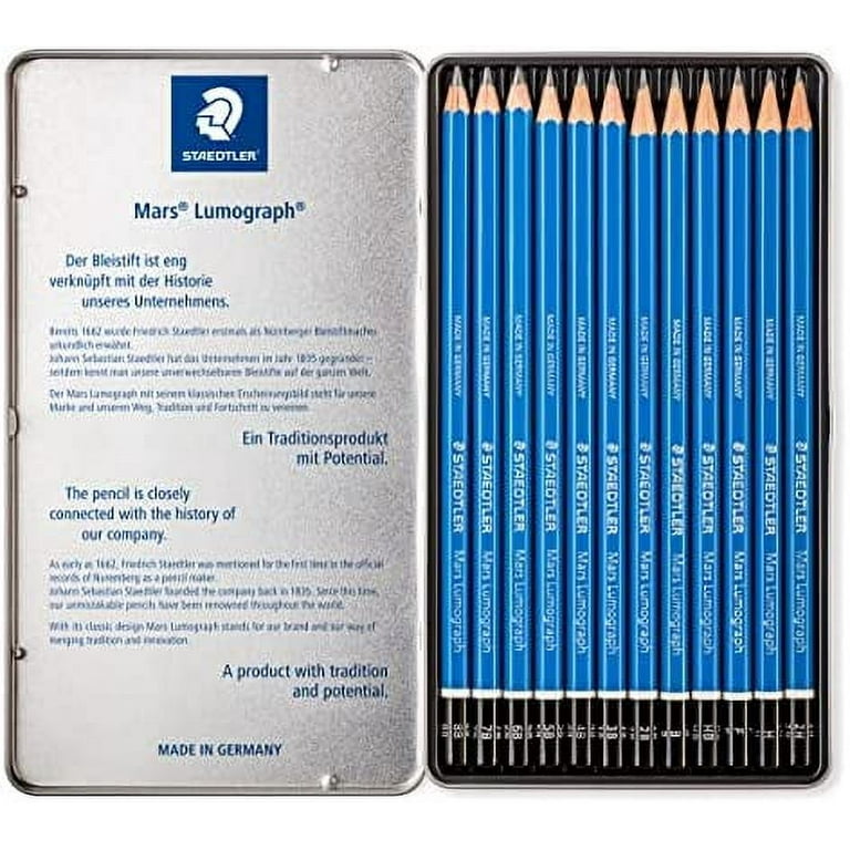 Staedtler Mars Lumograph Art Drawing Pencils, 12 Pack Graphite Pencils in Metal Case, Break-Resistant Bonded Lead, 100 G12