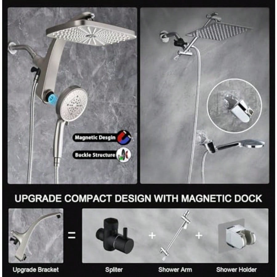 High Prure Rain Shower Head: Upgrade Shower Heads with Handheld Spray Combo with Fixed Showerhead and 10 Sprays Handheld Shower Head Detachable Showerheads Built-in Magnetic Docking and Power Jets