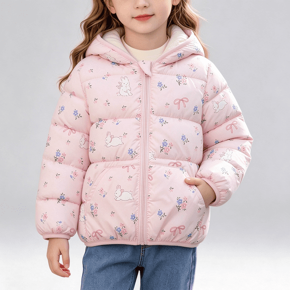 NEBWOAK Girls Puffer Jacket, Pink Floral Winter Coat with Bear Ear Hood, Quilted Lightweight Outerwear,Size 3-4 T