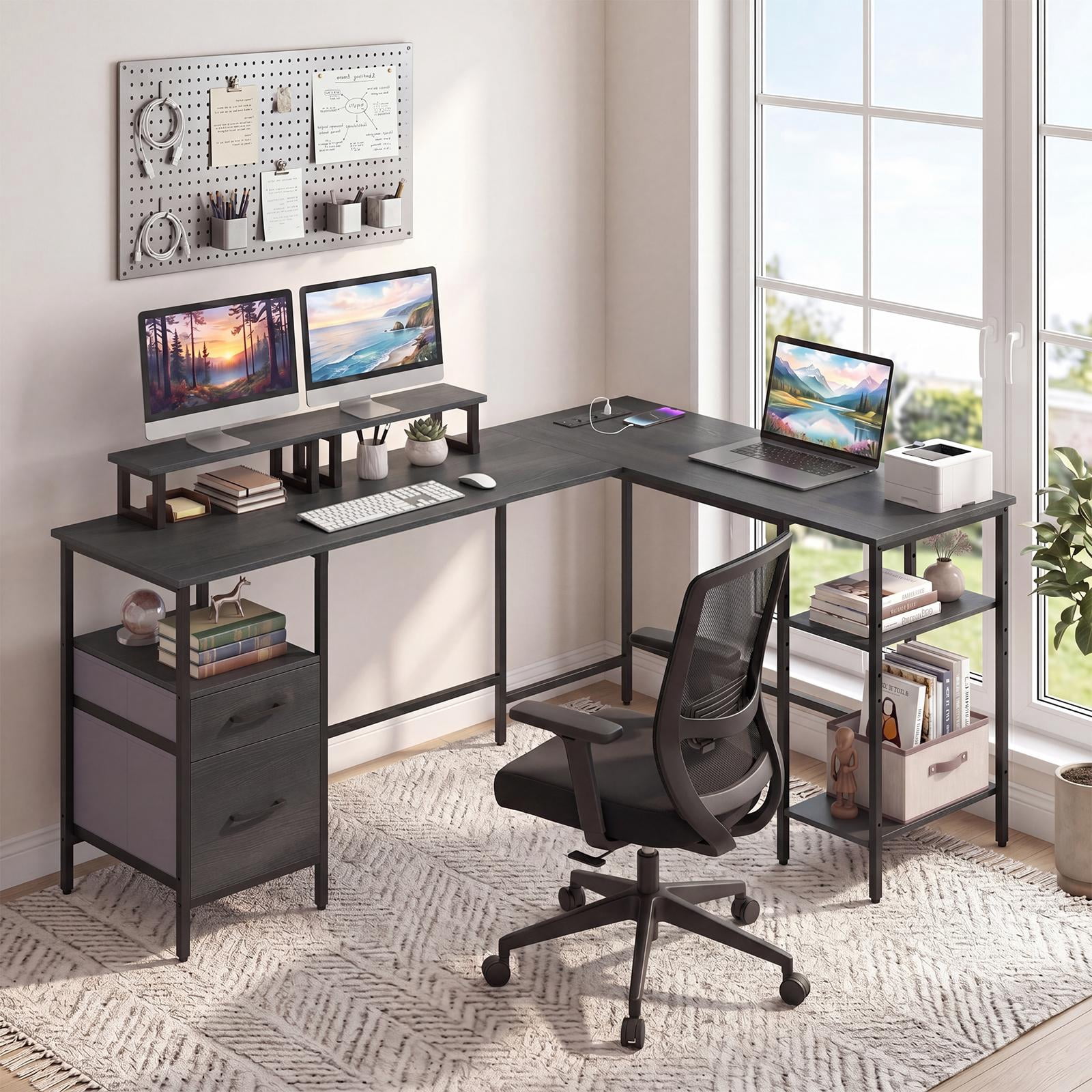Costway L Shaped Desk with Power Outlet, Reversible Computer Desk with Monitor Stands Gray + Black