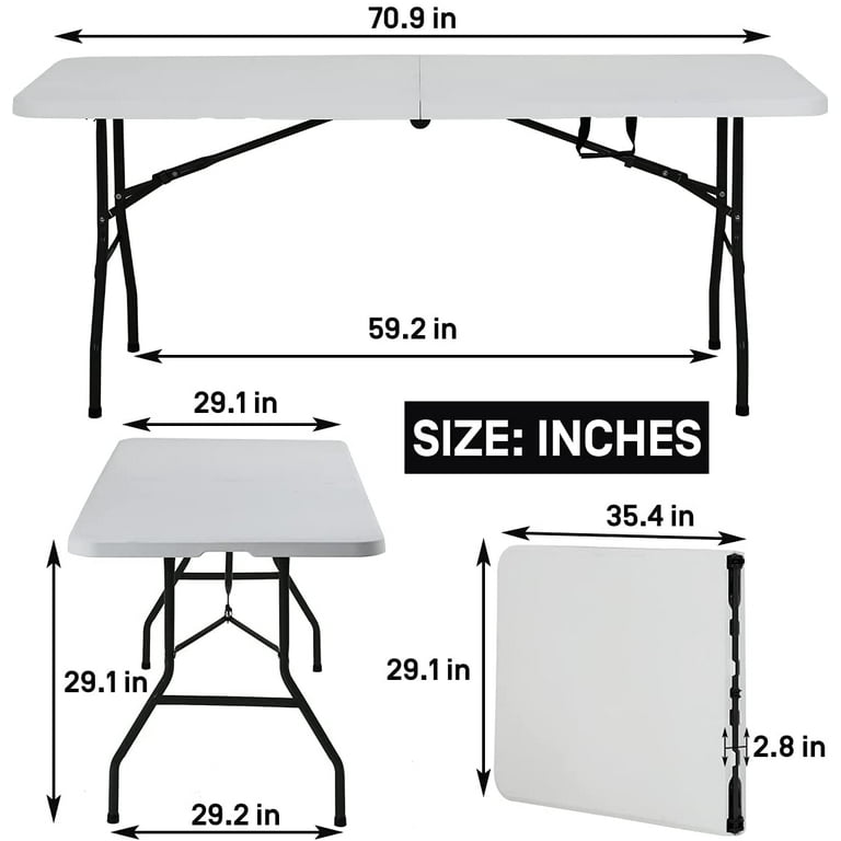 Dkeli Folding Camping Table Fold in Half Plastic Table 71'' W x 29'' L Utility Table for Picnic, Party, White