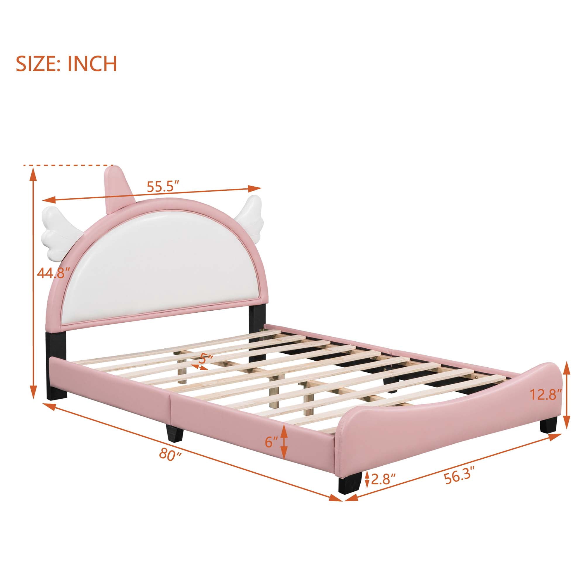 Aukfa Upholstered Bed with Unicorn Horn Headboard for Kids, PU Full Size Platform Bed - White