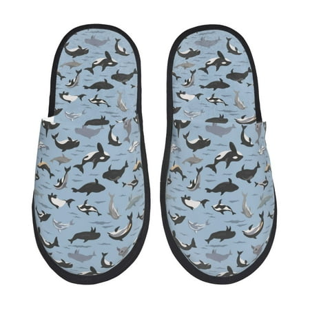 

Fuzoiu Dolphins Print Unisex Furry Slippers Plush Indoor Shoes Trendy House Slippers Anti-Skid EVA Sole House Shoes for Home Office and Travel -Medium