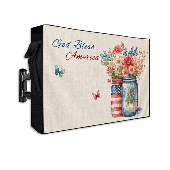 4th of July Outdoor TV Cover 52 to 55 Inch Weatherproof, Independence Day Spring Floral Butterfly Rustic 600D Oxford TV Covers with Waterproof Zipper, Outside Flat TV Screen Protector 52"Wx19"Hx4.5"D