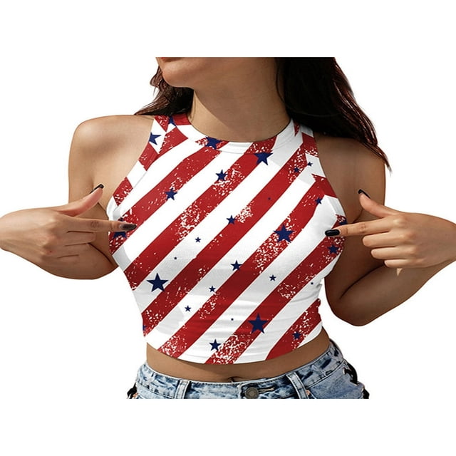 Débardeurs pour Femmes Jour de l'Indépendance Coupe Ajustée Col Rayé Crop Tops
