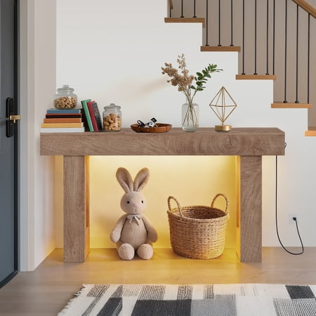 Farmhouse Console Table with Detector LED & Charging, Narrow Entryway Table, Sturdy Wooden Build, Sofa Hallway Foyer – Mountain-Patterned Sandalwood