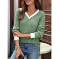 thumbnail image 4 of Women V Neck Color Block Long Sleeve Shirts-Casual Fall Light-Weight Tunic Sweaters Fashion Outfits Green S, 4 of 10