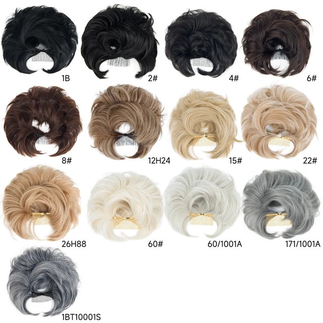 pieza de peluca onlyliua cabello de nidos de pollo natural, color negro, vista frontal centrada de una pieza de cabello suelto con peine interno visible y mechones en capas arqueadas; textura de fibras peinadas y corte corto; fondo blanco de catálogo con miniaturas que muestran variantes de color, accesorio para muñecas y peluches.
