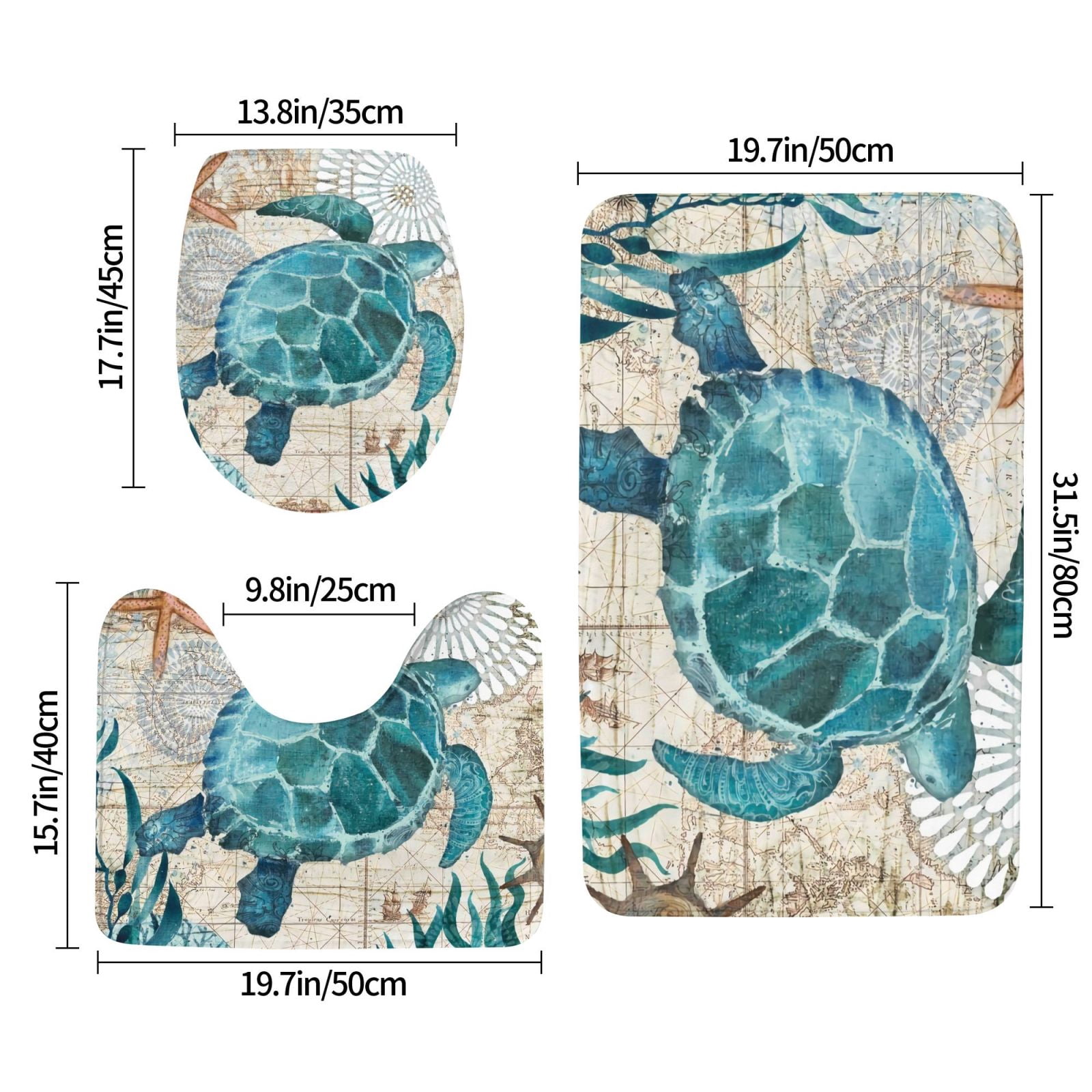 Bathroom Rugs Sets 3 Piece - Watercolor Sea Turtle Absorbent Non Slip Bath Mats, U-Shape Toilet Lid Cover, Contour Mat, Soft Washable Shower Mats Bath Rug Mat for Bathroom Tub Toilet
