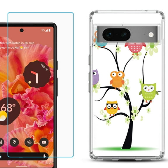 Slim-Fit Gel TPU Phone Case for Google Pixel 7, with Tempered Glass Screen Protector, by OneToughShield ® - Tree Owl