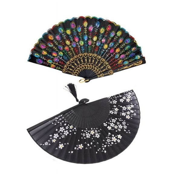 Colored Embroidered Flower Pattern Black Cloth Folding Hand Fan for Woman & Bamboo Silk 8.27 Inch(21cm) Folding Fan